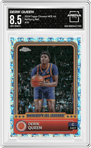 Derik Queen from the 2024 Topps Chrome McDonald's All-American set featuring a McFlurry Refractor parallel graded by Arena Club and given an overall grade of 8.5.