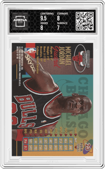 Michael Jordan from the 1997-98 Metal Universe Championship set graded by Arena Club and given an overall grade of 7.5.