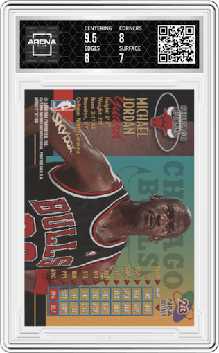 Michael Jordan from the 1997-98 Metal Universe Championship set graded by Arena Club and given an overall grade of 7.5.