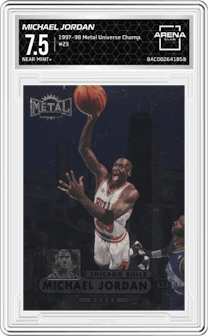 Michael Jordan from the 1997-98 Metal Universe Championship set graded by Arena Club and given an overall grade of 7.5.