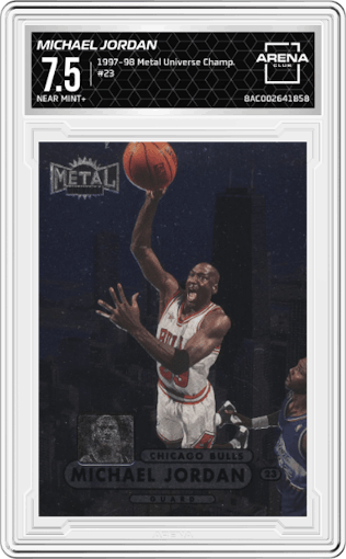 Michael Jordan from the 1997-98 Metal Universe Championship set graded by Arena Club and given an overall grade of 7.5.