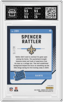 Spencer Rattler  from the 2024 Donruss Optic set featuring a Purple Stars parallel graded by Arena Club and given an overall grade of 8.