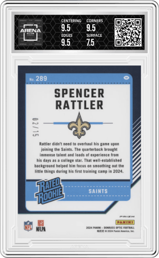 Spencer Rattler  from the 2024 Donruss Optic set featuring a Purple Stars parallel graded by Arena Club and given an overall grade of 8.