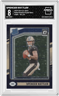 Spencer Rattler  from the 2024 Donruss Optic set featuring a Purple Stars parallel graded by Arena Club and given an overall grade of 8.