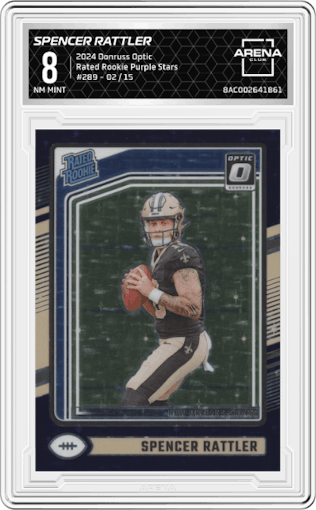 Spencer Rattler  from the 2024 Donruss Optic set featuring a Purple Stars parallel graded by Arena Club and given an overall grade of 8.