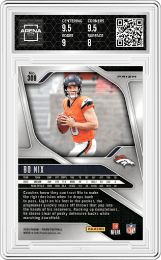 Bo Nix from the 2024 Panini Prizm set featuring a Lazer Prizm parallel graded by Arena Club and given an overall grade of 8.5.