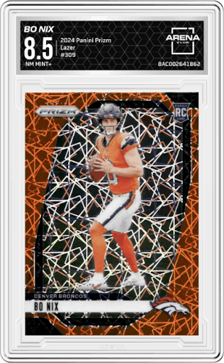Bo Nix from the 2024 Panini Prizm set featuring a Lazer Prizm parallel graded by Arena Club and given an overall grade of 8.5.