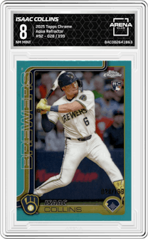 Isaac Collins from the 2025 Topps Chrome set featuring a Aqua Refractor parallel graded by Arena Club and given an overall grade of 8.
