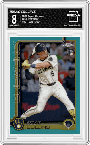 Isaac Collins from the 2025 Topps Chrome set featuring a Aqua Refractor parallel graded by Arena Club and given an overall grade of 8.