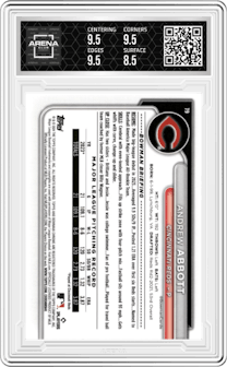 Andrew Abbott from the 2024 Bowman Chrome Sapphire set featuring a Orange parallel graded by Arena Club and given an overall grade of 9.