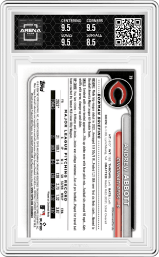 Andrew Abbott from the 2024 Bowman Chrome Sapphire set featuring a Orange parallel graded by Arena Club and given an overall grade of 9.