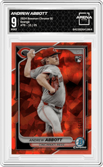 Andrew Abbott from the 2024 Bowman Chrome Sapphire set featuring a Orange parallel graded by Arena Club and given an overall grade of 9.