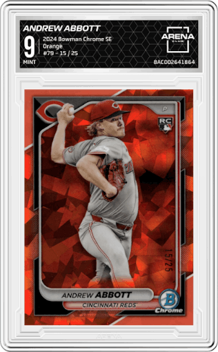 Andrew Abbott from the 2024 Bowman Chrome Sapphire set featuring a Orange parallel graded by Arena Club and given an overall grade of 9.