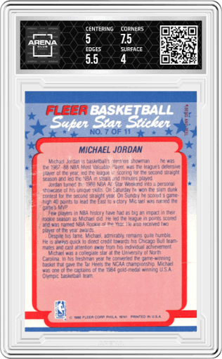 Michael Jordan from the 1988-89 Fleer set graded by Arena Club and given an overall grade of 4.5.