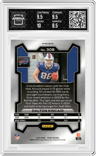 Dalton Kincaid from the 2023 Panini Prizm set featuring a Pink Prizm parallel graded by Arena Club and given an overall grade of 9.