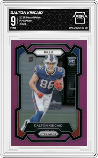 Dalton Kincaid from the 2023 Panini Prizm set featuring a Pink Prizm parallel graded by Arena Club and given an overall grade of 9.