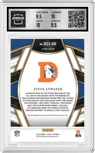 Steve Atwater from the 2023 Panini Select set graded by Arena Club and given an overall grade of 10.
