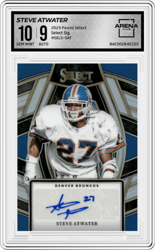 Steve Atwater from the 2023 Panini Select set graded by Arena Club and given an overall grade of 10.