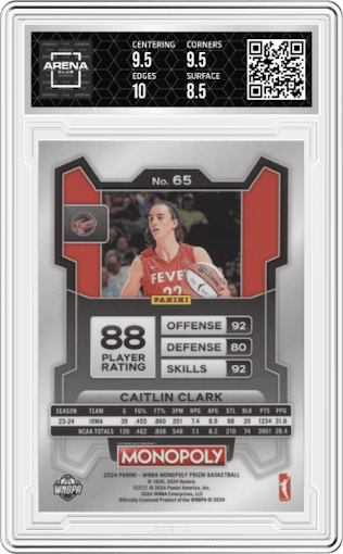 Caitlin Clark from the 2024 Panini Prizm Monopoly WNBA set graded by Arena Club and given an overall grade of 9.