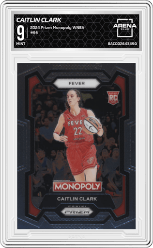 Caitlin Clark from the 2024 Panini Prizm Monopoly WNBA set graded by Arena Club and given an overall grade of 9.