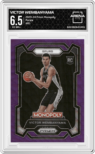 Victor Wembanyama from the 2023-24 Panini Prizm Monopoly set featuring a Purple  parallel graded by Arena Club and given an overall grade of 6.5.