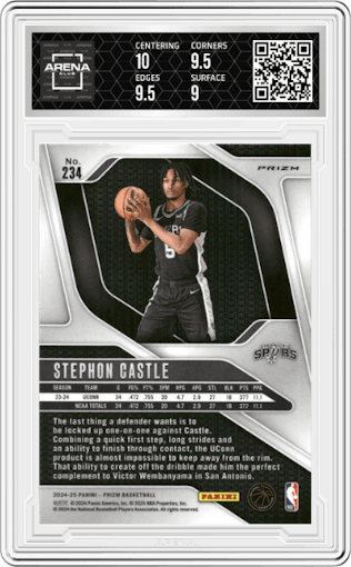 Stephon Castle from the 2024-25 Panini Prizm set featuring a Pink Ice parallel graded by Arena Club and given an overall grade of 9.5.