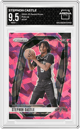 Stephon Castle from the 2024-25 Panini Prizm set featuring a Pink Ice parallel graded by Arena Club and given an overall grade of 9.5.