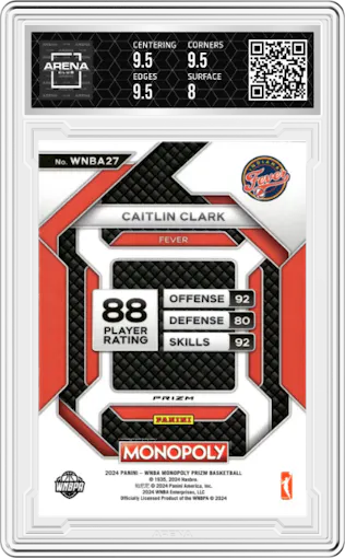 Caitlin Clark from the 2024 Panini Prizm Monopoly WNBA set featuring a Silver Prizm parallel graded by Arena Club and given an overall grade of 8.5.