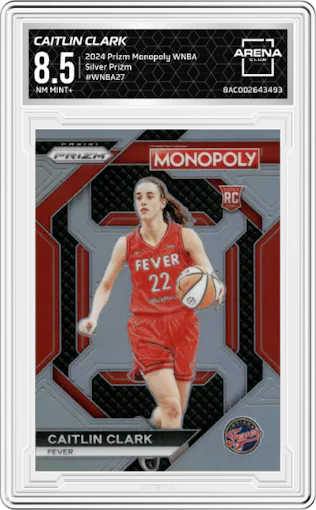 Caitlin Clark from the 2024 Panini Prizm Monopoly WNBA set featuring a Silver Prizm parallel graded by Arena Club and given an overall grade of 8.5.