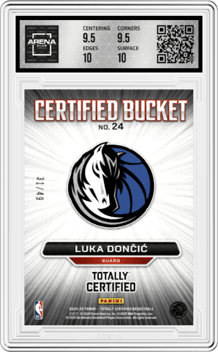 Luka Doncic from the 2024-25 Panini Totally Certified set featuring a Blue Mirror parallel graded by Arena Club and given an overall grade of 10.