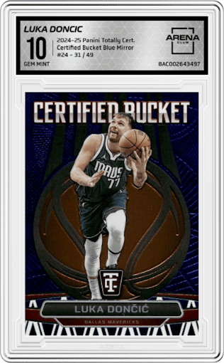Luka Doncic from the 2024-25 Panini Totally Certified set featuring a Blue Mirror parallel graded by Arena Club and given an overall grade of 10.