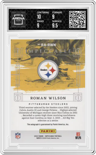 Roman Wilson from the 2024 Panini Impeccable set featuring a Gold parallel graded by Arena Club and given an overall grade of 9.5.