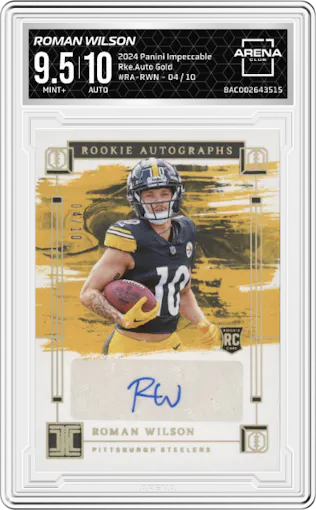Roman Wilson from the 2024 Panini Impeccable set featuring a Gold parallel graded by Arena Club and given an overall grade of 9.5.