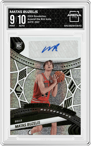 Matas Buzelis from the 2024-25 Panini Revolution set graded by Arena Club and given an overall grade of 9.