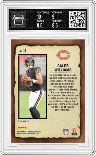 Caleb Williams from the 2024 Panini Mosaic set featuring a Green Mosaic parallel graded by Arena Club and given an overall grade of 9.