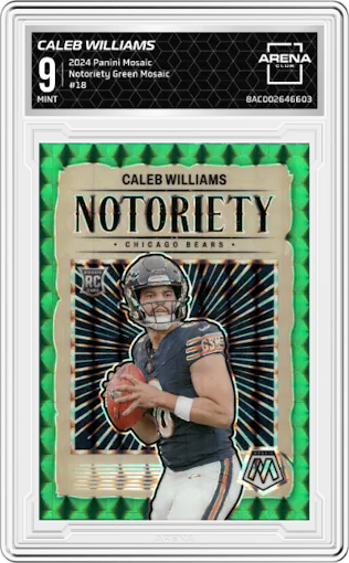 Caleb Williams from the 2024 Panini Mosaic set featuring a Green Mosaic parallel graded by Arena Club and given an overall grade of 9.