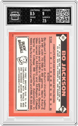 Bo Jackson from the 1986 Topps Traded set graded by Arena Club and given an overall grade of 7.5.