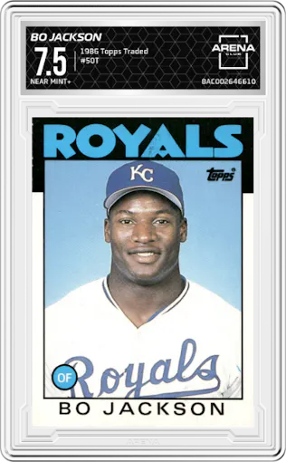 Bo Jackson from the 1986 Topps Traded set graded by Arena Club and given an overall grade of 7.5.