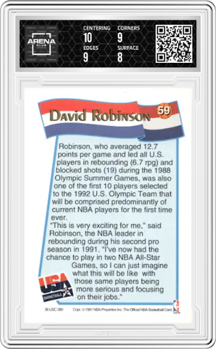 David Robinson from the 1991-92 NBA Hoops McDonald's set graded by Arena Club and given an overall grade of 8.5.