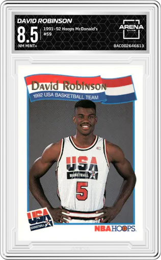 David Robinson from the 1991-92 NBA Hoops McDonald's set graded by Arena Club and given an overall grade of 8.5.