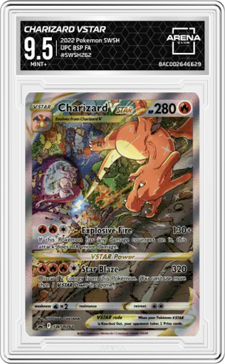 Charizard VSTAR from the 2022 Pokemon SWSH set featuring a Ultra Premium Collection parallel graded by Arena Club and given an overall grade of 9.5.