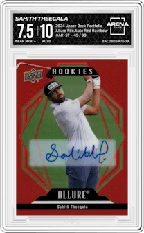 Sahith Theegala from the 2024 Upper Deck Portfolio set featuring a Red Rainbow parallel graded by Arena Club and given an overall grade of 7.5.