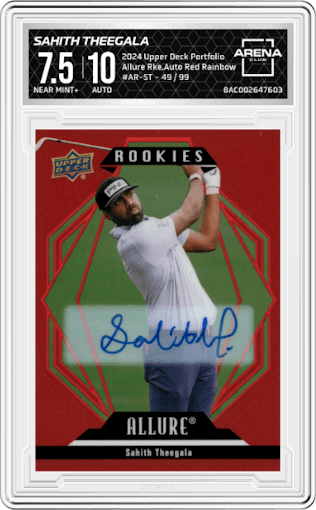 Sahith Theegala from the 2024 Upper Deck Portfolio set featuring a Red Rainbow parallel graded by Arena Club and given an overall grade of 7.5.