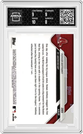 Roman Anthony from the 2025 Topps Now set graded by Arena Club and given an overall grade of 8.5.
