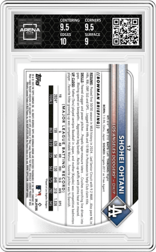 Shohei Ohtani from the 2025 Bowman Mega Box set featuring a Mojo Ref. parallel graded by Arena Club and given an overall grade of 9.5.