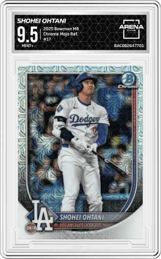 Shohei Ohtani from the 2025 Bowman Mega Box set featuring a Mojo Ref. parallel graded by Arena Club and given an overall grade of 9.5.