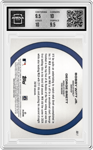 George Brett/Bobby Witt Jr. from the 2025 Topps set graded by Arena Club and given an overall grade of 10.