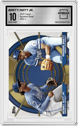 George Brett/Bobby Witt Jr. from the 2025 Topps set graded by Arena Club and given an overall grade of 10.