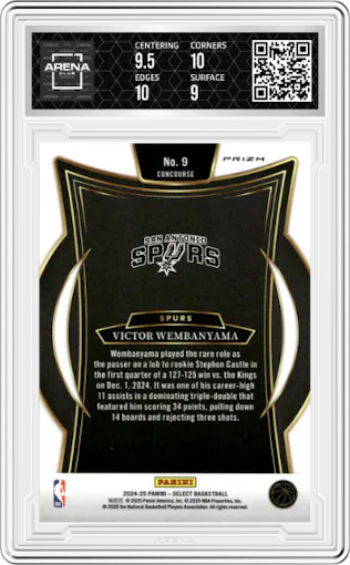 Victor Wembanyama from the 2024-25 Panini Select set featuring a Green White Purple Prizm parallel graded by Arena Club and given an overall grade of 9.5.