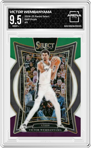 Victor Wembanyama from the 2024-25 Panini Select set featuring a Green White Purple Prizm parallel graded by Arena Club and given an overall grade of 9.5.